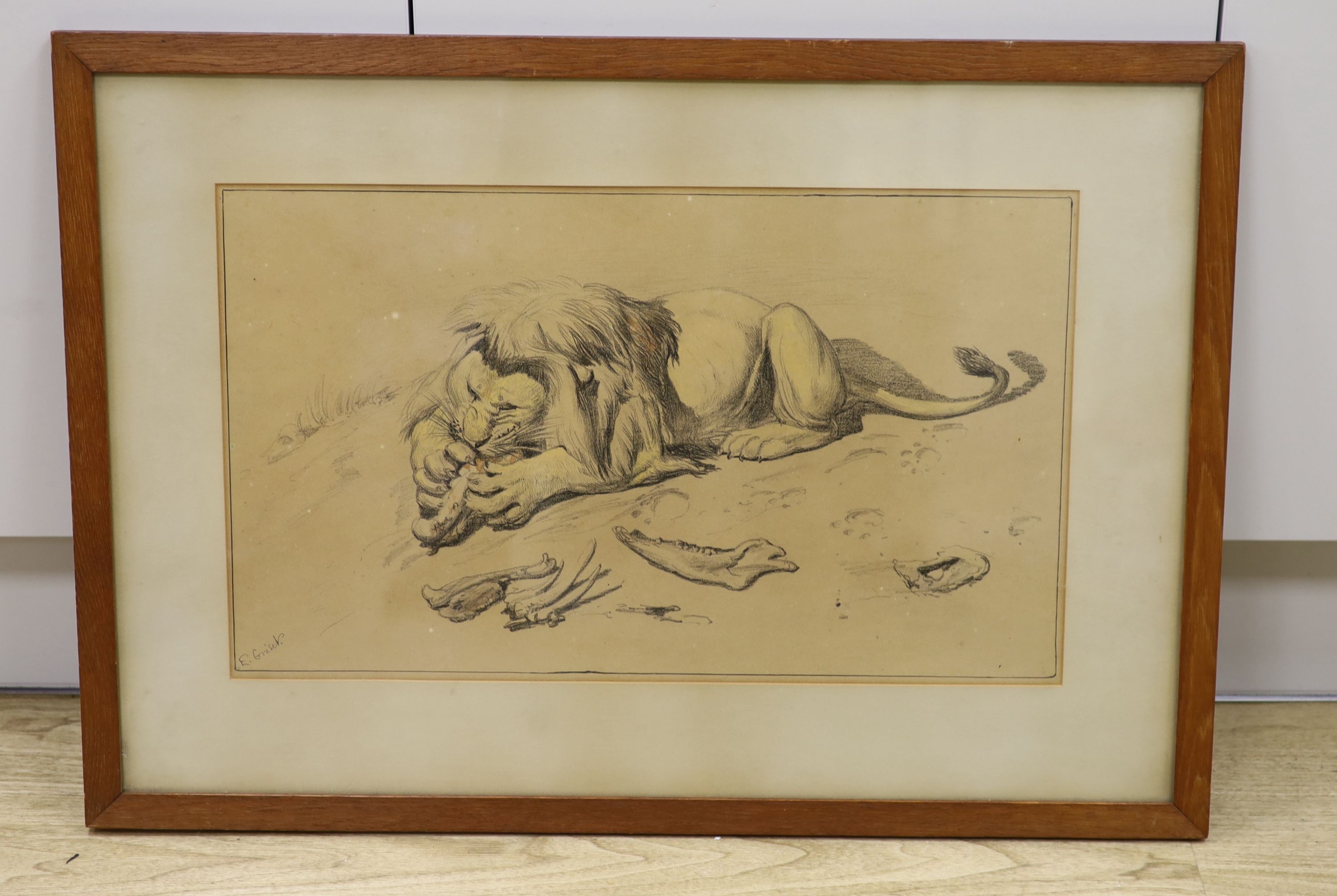Ernest Griset (1844-1907), Lion devouring its prey, signed in ink, 32 x 54cm